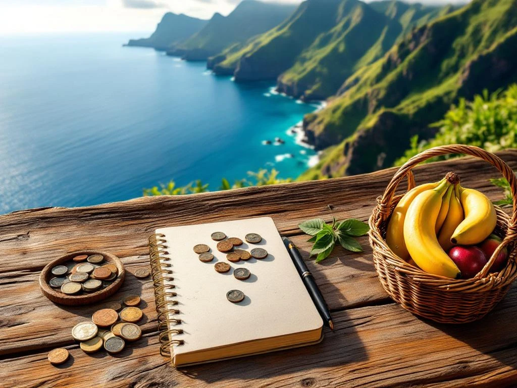 Luchtfoto van Madeira's kustlijn met groene bergen, Atlantische oceaan en houten tafel met Portugese munten en lokaal fruit