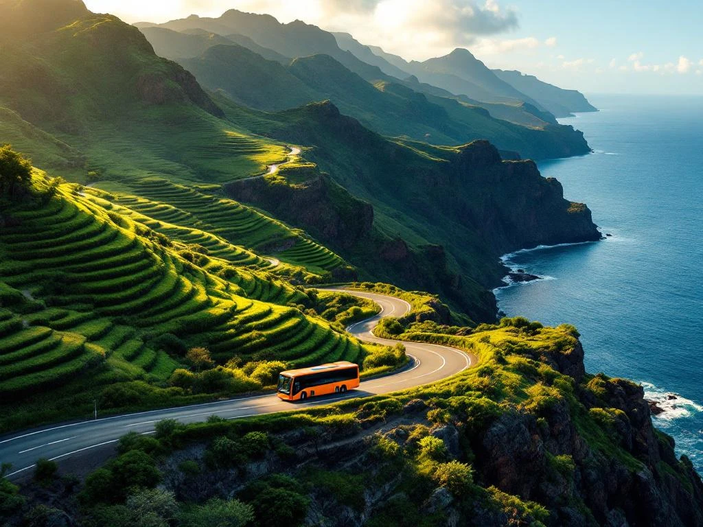 Oranje openbare bus rijdt over kronkelende kustweg door bergachtig landschap van Madeira met Atlantische Oceaan op achtergrond