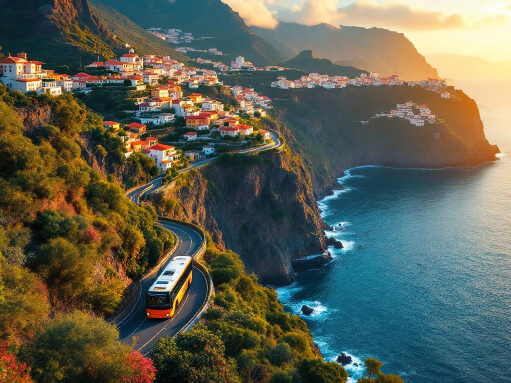 Oranje-witte openbare bus op kronkelende kustweg door berglandschap van Madeira met Atlantische Oceaan op achtergrond