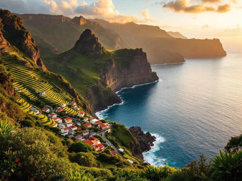 Luchtfoto van Madeira's kustlijn met Cabo Girão klif, terrasvormige wijngaarden en Atlantische Oceaan bij zonsondergang