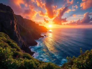 Zonsondergang over de dramatische kliffen van Cabo Girão in Madeira met oranje-roze lucht boven de Atlantische Oceaan