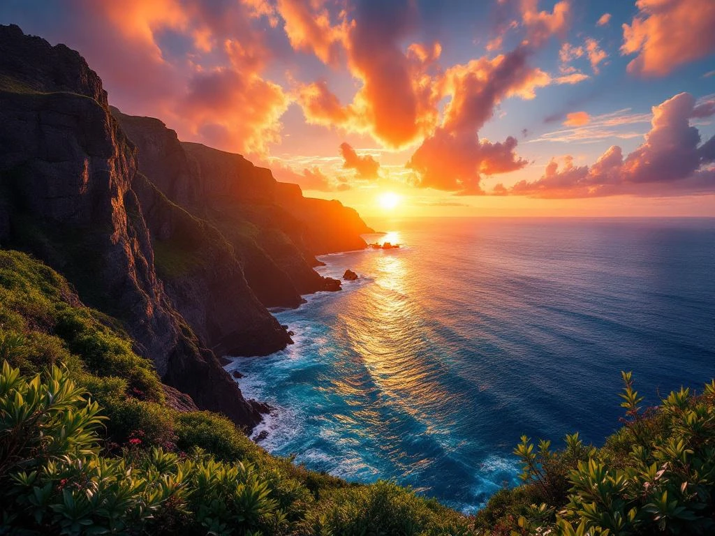 Zonsondergang over de dramatische kliffen van Cabo Girão in Madeira met oranje-roze lucht boven de Atlantische Oceaan
