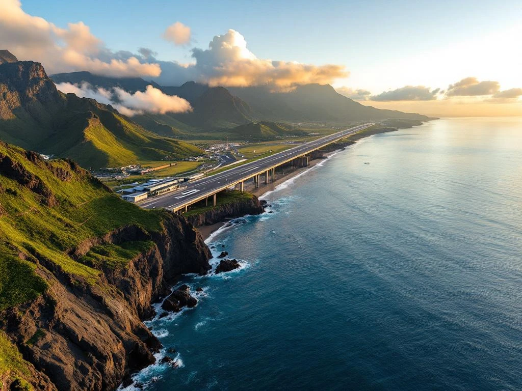 Luchtfoto van Cristiano Ronaldo luchthaven Madeira met landingsbaan op pijlers boven oceaan bij zonsondergang