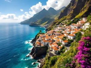 Luchtfoto van pittoresk dorp op Madeira met witte huizen, groene terrassen en turkooizen Atlantische Oceaan