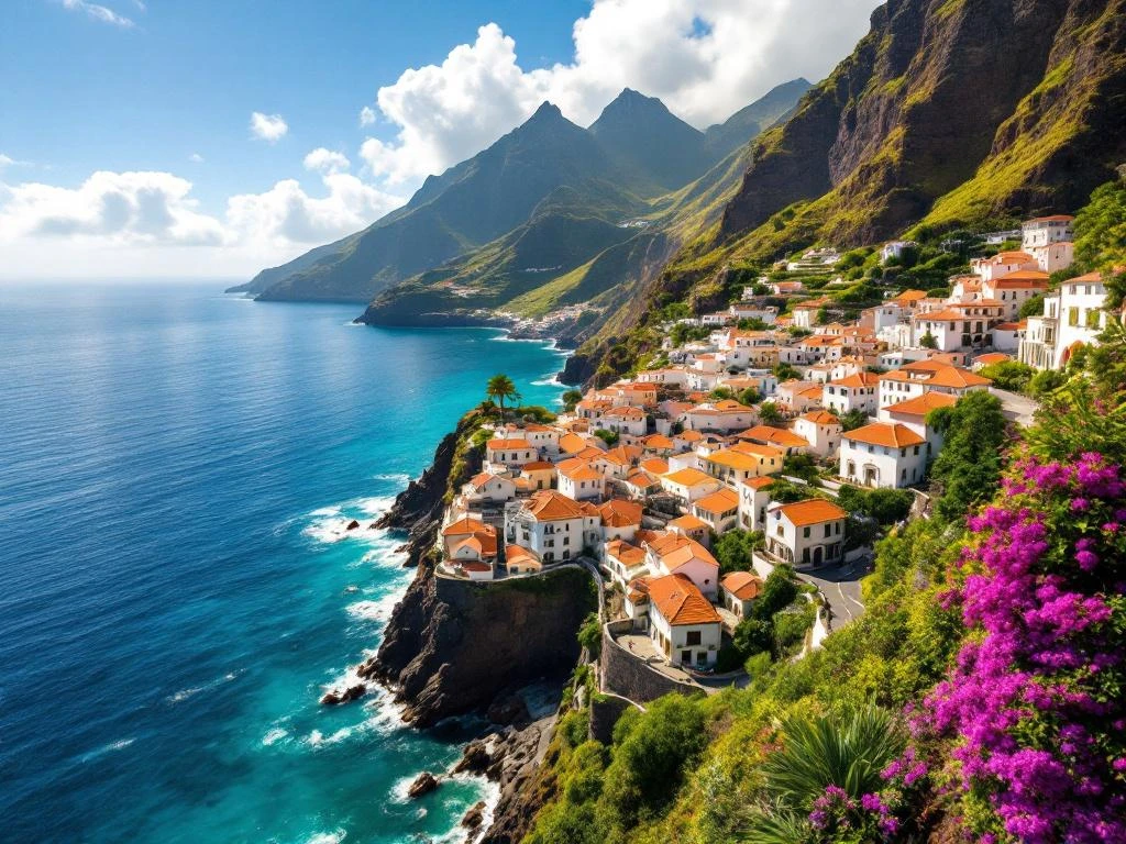 Luchtfoto van pittoresk dorp op Madeira met witte huizen, groene terrassen en turkooizen Atlantische Oceaan