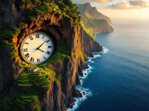 Luchtfoto van Madeira-eiland bij zonsondergang met analoge klok geïntegreerd in vulkanische kustlijn en Atlantische Oceaan
