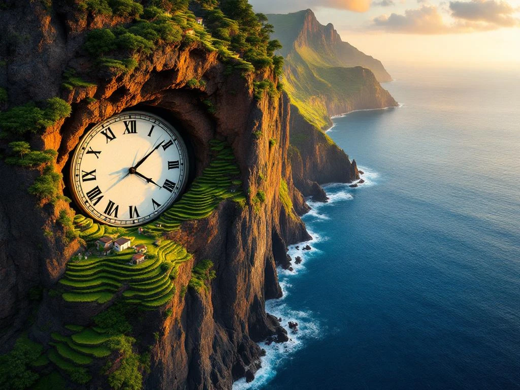 Luchtfoto van Madeira-eiland bij zonsondergang met analoge klok geïntegreerd in vulkanische kustlijn en Atlantische Oceaan