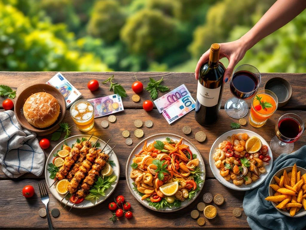 Bovenaanzicht van traditionele Madeira gerechten met espetada, bolo do caco en zeevruchten naast euro's op houten tafel