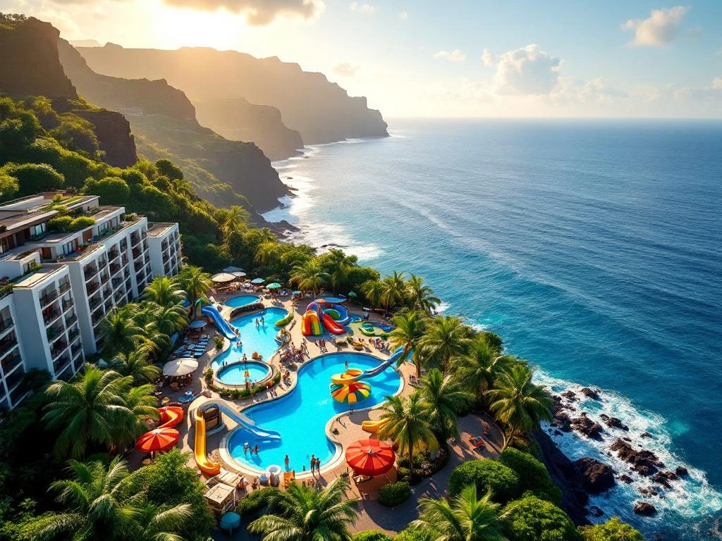 Luchtfoto van luxe familieresort op Madeira met zwembad, glijbanen en speeltuinen tegen dramatische kustlijn