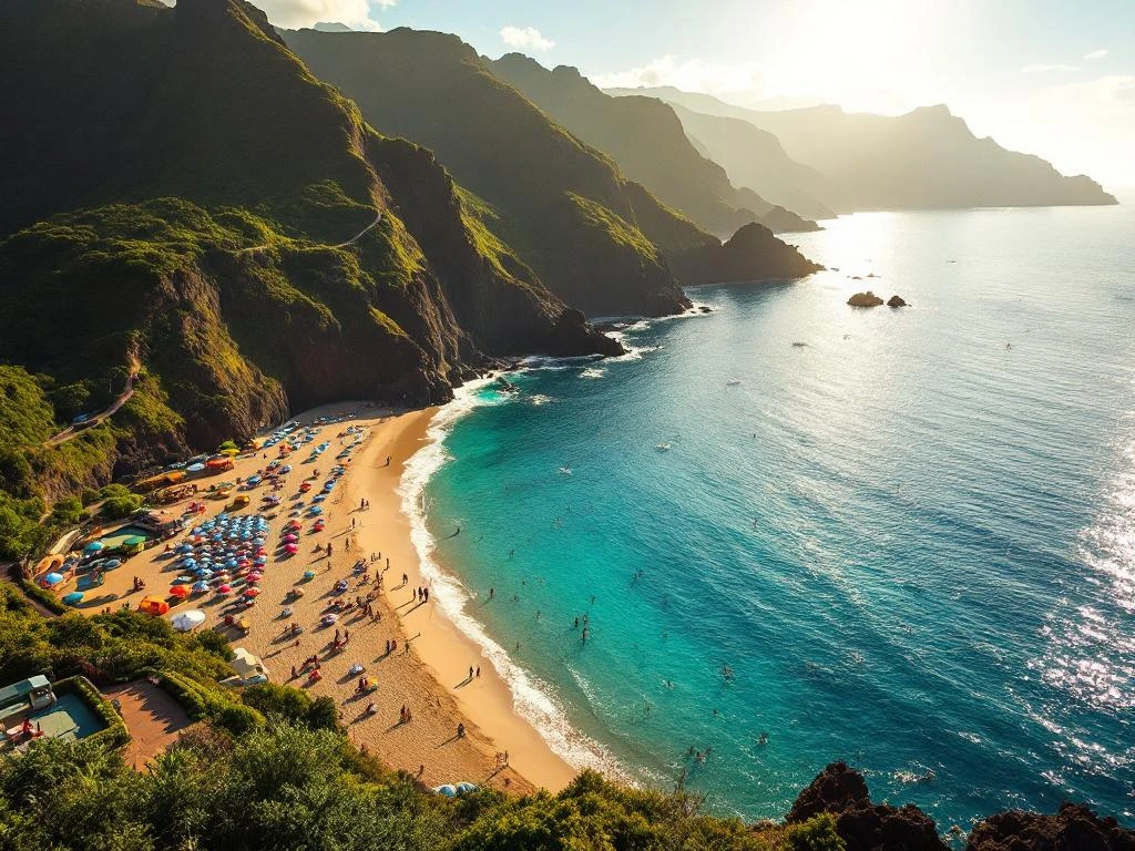 Luchtfoto van Madeira's kustlijn met gezinsvriendelijke stranden, turquoise water, groene bergen en wandelpaden