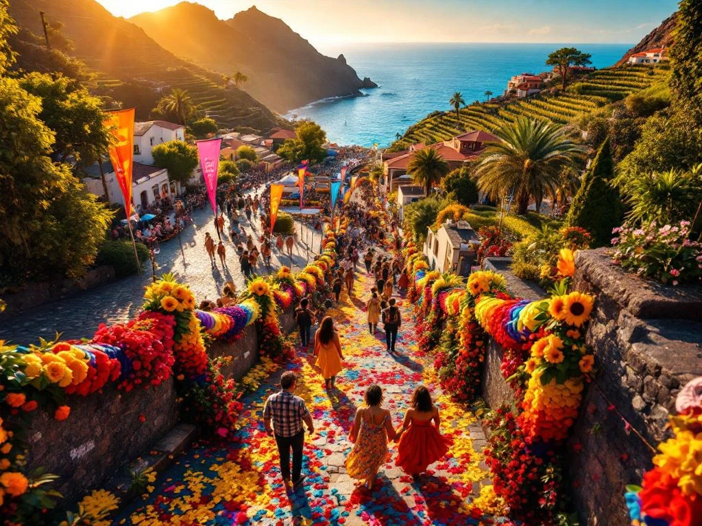 Luchtfoto van kleurrijk festival in Funchal, Madeira met bloemblaadjes op kasseien en traditionele Portugese decoraties