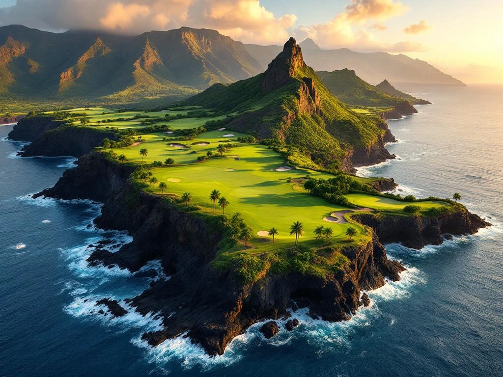 Luchtfoto van golfbaan op Madeira's vulkanische kliffen met smaragdgroene fairways boven de Atlantische Oceaan