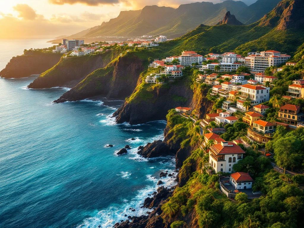 Luchtfoto van Madeira's kustlijn met luxe hotels, quinta's en resorts op groene kliffen boven turquoise zee en zwarte stranden