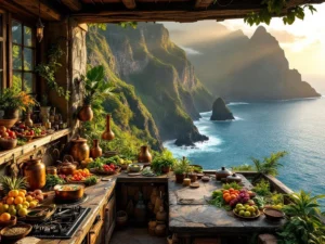 Traditionele Madeirese keuken met uitzicht op Atlantische Oceaan, verse tropische vruchten en Portugees kookgerei