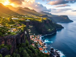 Luchtfoto van Madeira's kustlijn met hotels op kliffen, quinta's tussen wijngaarden en Funchal's gekleurde gebouwen