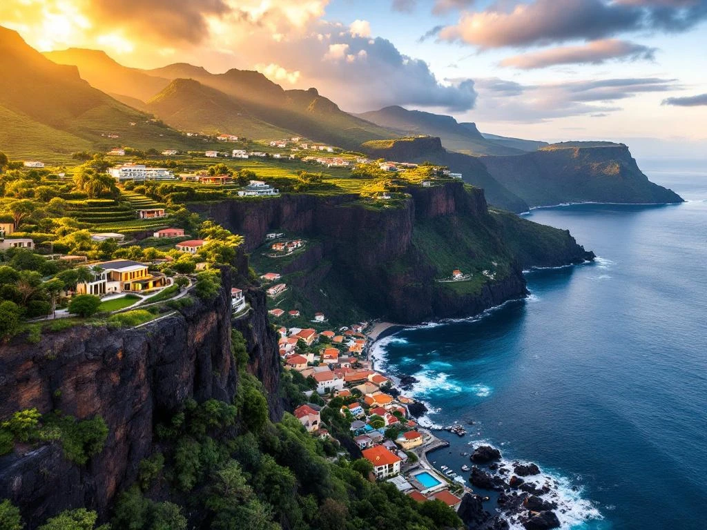 Luchtfoto van Madeira's kustlijn met hotels op kliffen, quinta's tussen wijngaarden en Funchal's gekleurde gebouwen