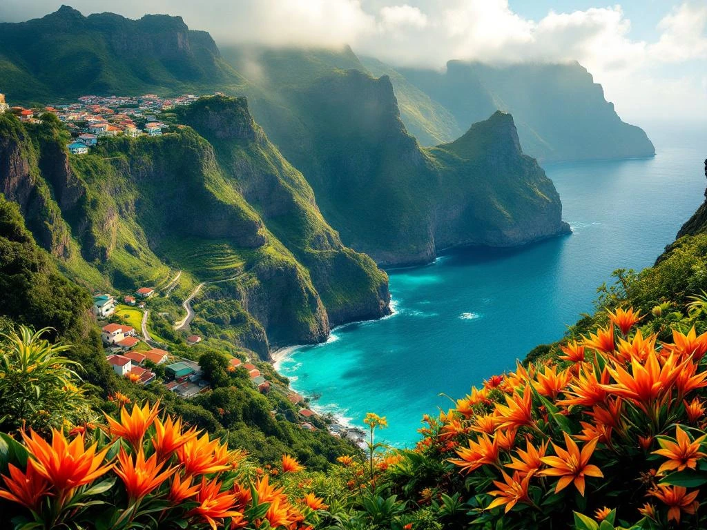 Luchtfoto van Madeira's vulkanische kustlijn met smaragdgroene kliffen, Atlantische Oceaan en traditionele huizen