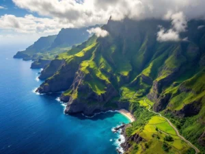 Luchtfoto van Madeira's dramatische kustlijn met smaragdgroene kliffen die uitkijken over azuurblauwe Atlantische wateren