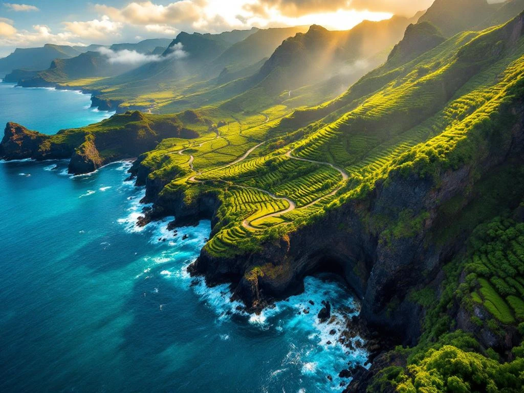 Luchtfoto van Madeira's kustlijn met wandelpaden, oceaan, kliffen en wijngaarden in gouden avondlicht