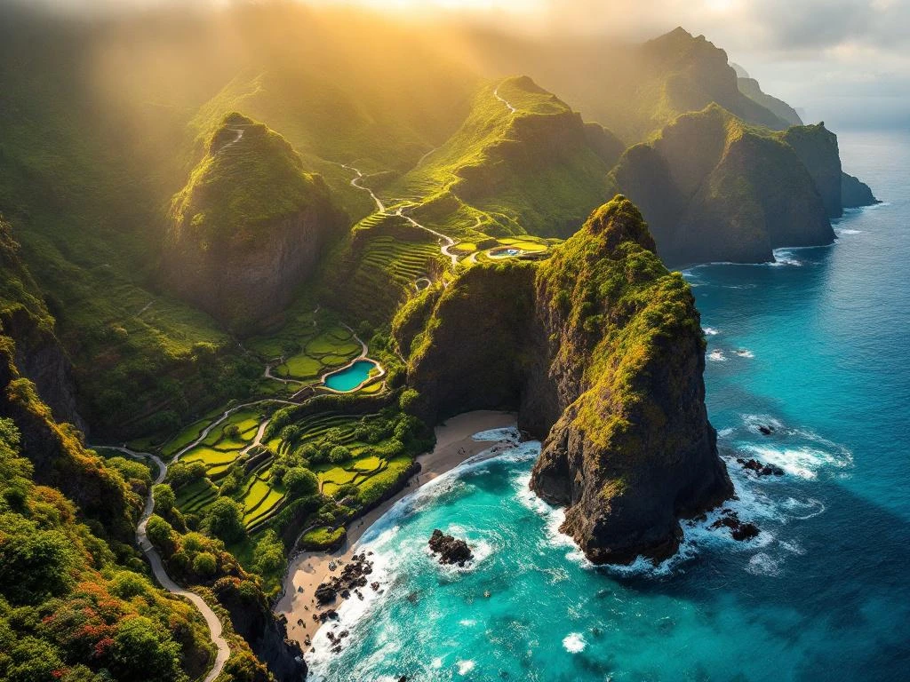 Luchtfoto van Madeira's kustlijn met levada wandelpaden door laurierbossen en turquoise zee tegen zwarte vulkanische kliffen