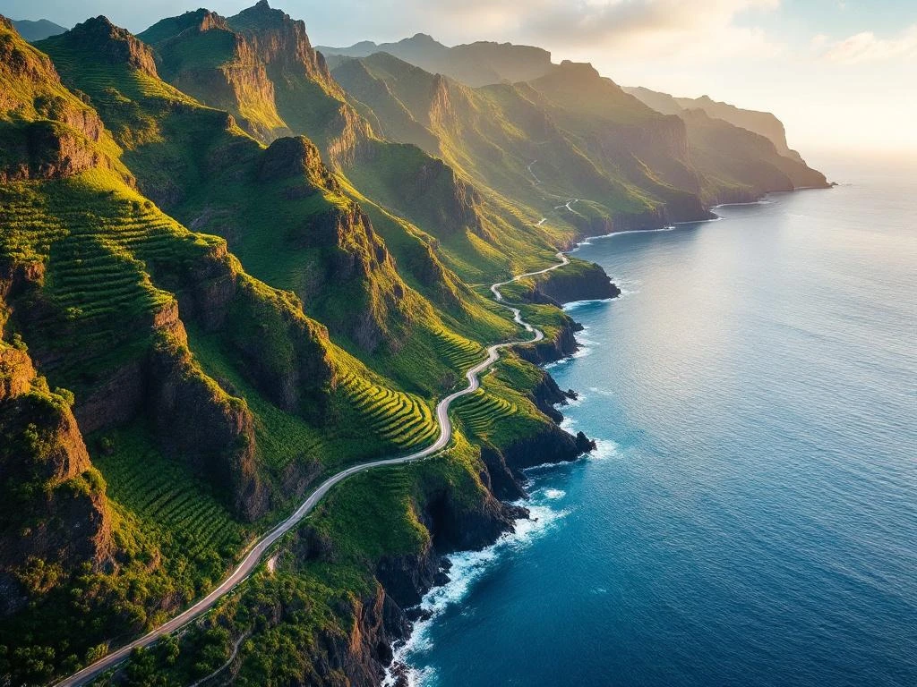 Luchtfoto van Madeira's dramatische kustlijn met kronkelende bergwegen door groene kliffen boven de Atlantische Oceaan