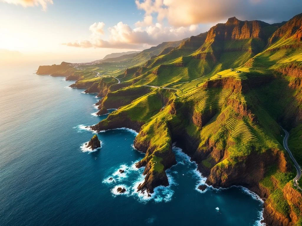 Luchtfoto van Madeira's dramatische kustlijn tijdens gouden uur met groene bergen, blauwe Atlantische wateren en kliffen