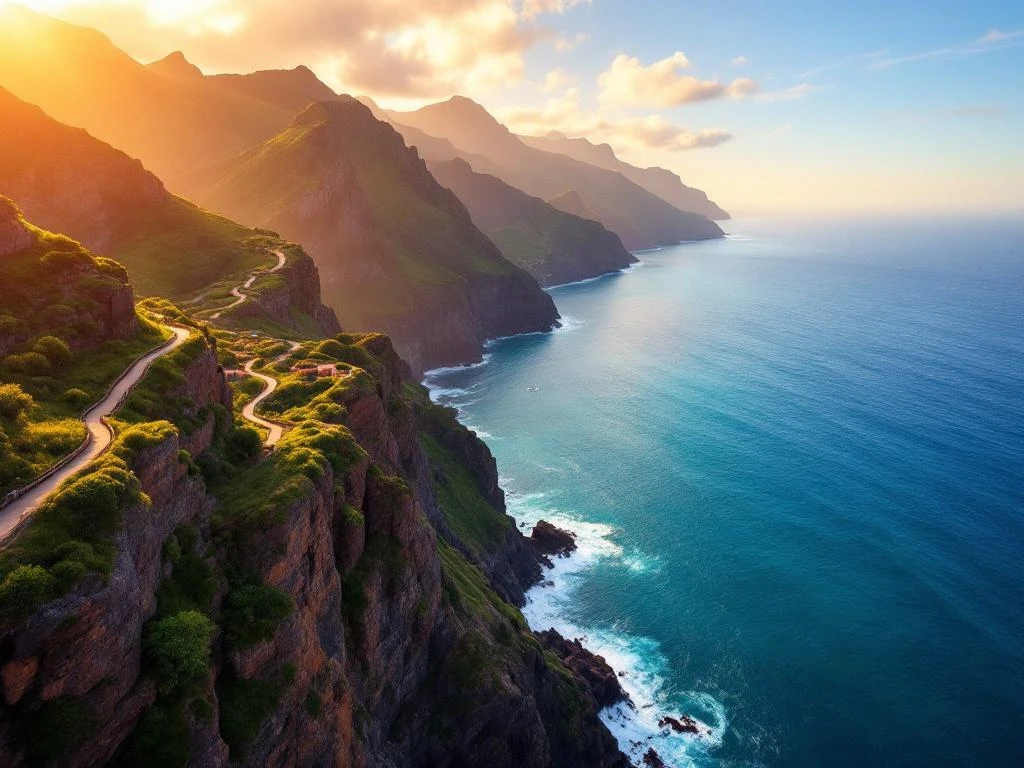 Luchtfoto van Madeira's dramatische kustlijn bij zonsondergang met turkooizen oceaan en wandelpaden langs kliffen