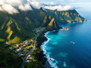 Luchtfoto van Madeira's kustlijn met groene bergen, dorpjes met terracotta daken en turkooizen vulkanische rotspools