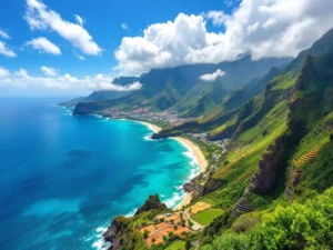 Luchtfoto van Madeira's dramatische kustlijn met groene bergen, gouden stranden en turquoise water onder blauwe lucht