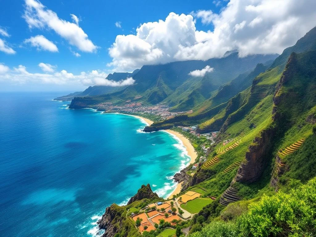 Luchtfoto van Madeira's dramatische kustlijn met groene bergen, gouden stranden en turquoise water onder blauwe lucht