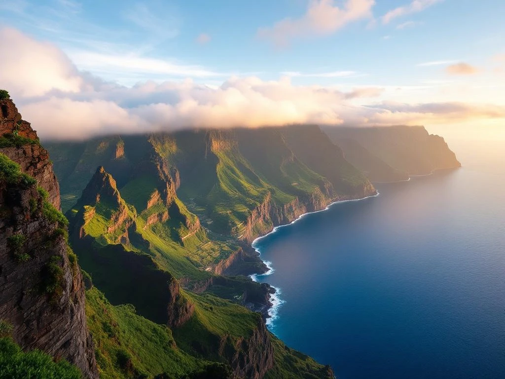 Luchtfoto van Madeira's dramatische kustlijn met groene bergen, Atlantische Oceaan en Portugese vlag bij zonsondergang
