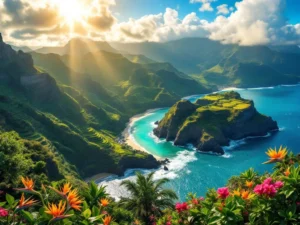 Luchtfoto van Madeira's kustlijn met groene terrassen, turquoise water, levada-kanalen en subtropische bloemen