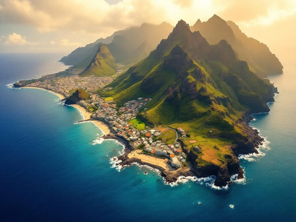 Luchtfoto van Madeira's kustlijn met ruige kliffen, groene bergen, blauwe oceaan en toeristische gebieden in gouden zonlicht