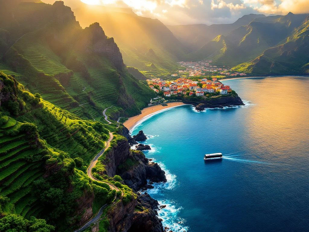 Luchtfoto van Madeira's kustlijn met groene terrassen, laurierbossen, traditionele huizen en tourbus op kustweg