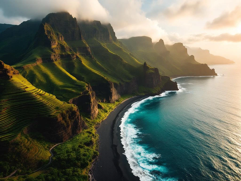 Luchtfoto van Madeira's dramatische kustlijn met groene vulkanische kliffen, zwart zandstrand en azuurblauwe Atlantische Oceaan