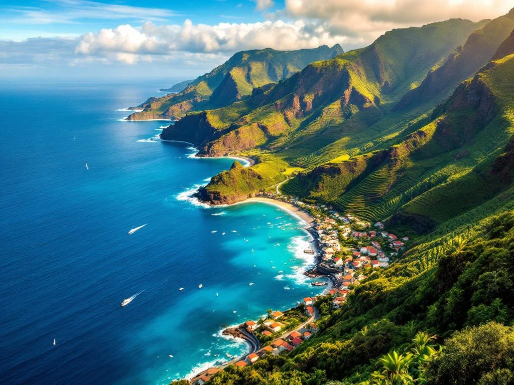 Luchtfoto van Madeira's kustlijn met terrasvormige wijngaarden, traditionele huizen en vissershaven bij zonsondergang