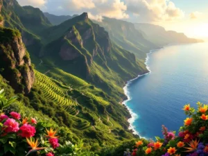 Luchtfoto van Madeira's kustlijn met terrasvormige wijngaarden, vulkanische kliffen en de Atlantische Oceaan