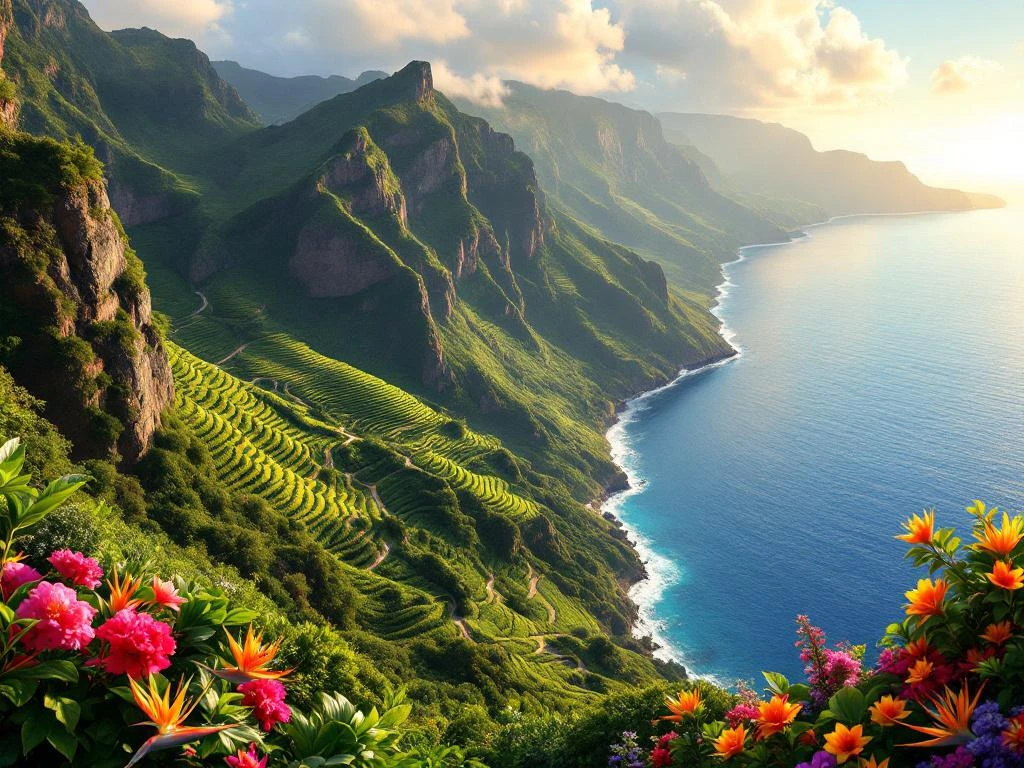 Luchtfoto van Madeira's kustlijn met terrasvormige wijngaarden, vulkanische kliffen en de Atlantische Oceaan