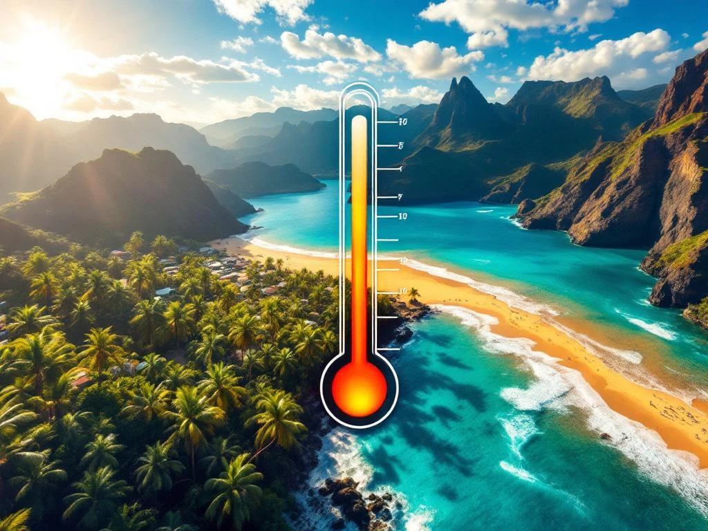 Luchtfoto van Madeira's kustlijn met gouden stranden, turkooizen zee en thermometer die hoge zomertemperaturen toont