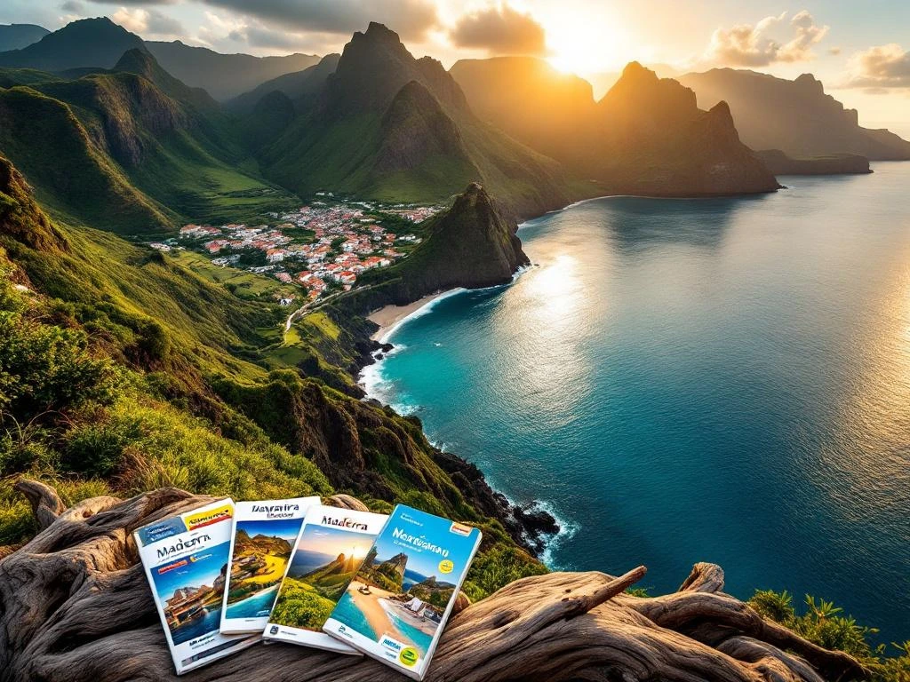 Luchtfoto van Madeira's dramatische kustlijn met groene bergen, Atlantische oceaan en reisbrochures op drijfhout