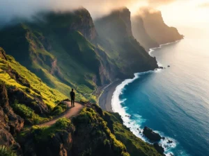 Eenzame reiziger op klif met uitzicht over Madeira's kustlijn, vulkanische bergen en Atlantische Oceaan bij zonsondergang
