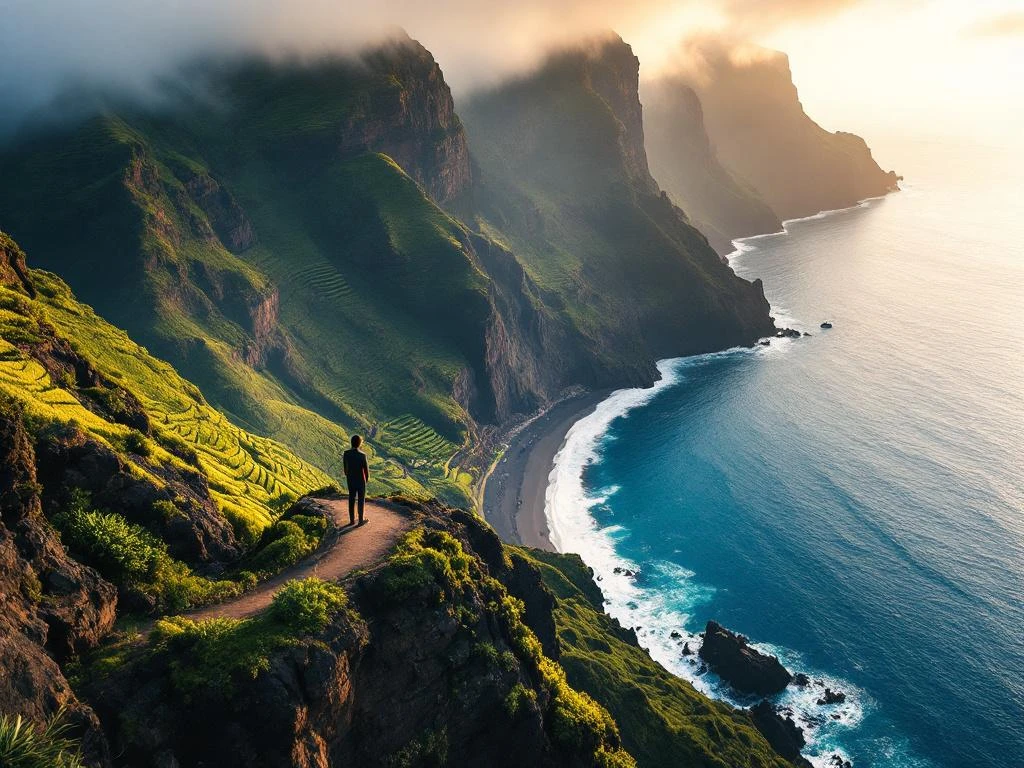 Eenzame reiziger op klif met uitzicht over Madeira's kustlijn, vulkanische bergen en Atlantische Oceaan bij zonsondergang