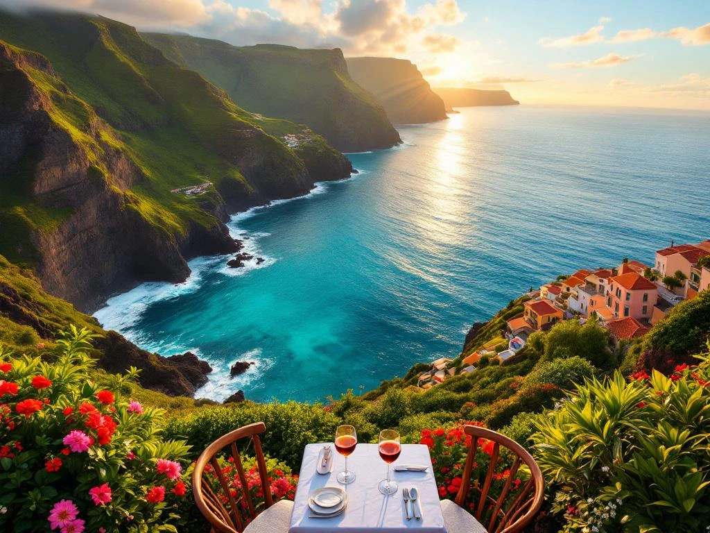 Luchtfoto van Madeira's kustlijn bij zonsondergang met romantisch terras, wijnglazen en groene kliffen boven turkooizen zee