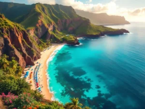 Luchtfoto van Madeira's dramatische kustlijn met smaragdgroene bergen, turkooizen zee en familie-vriendelijk strand