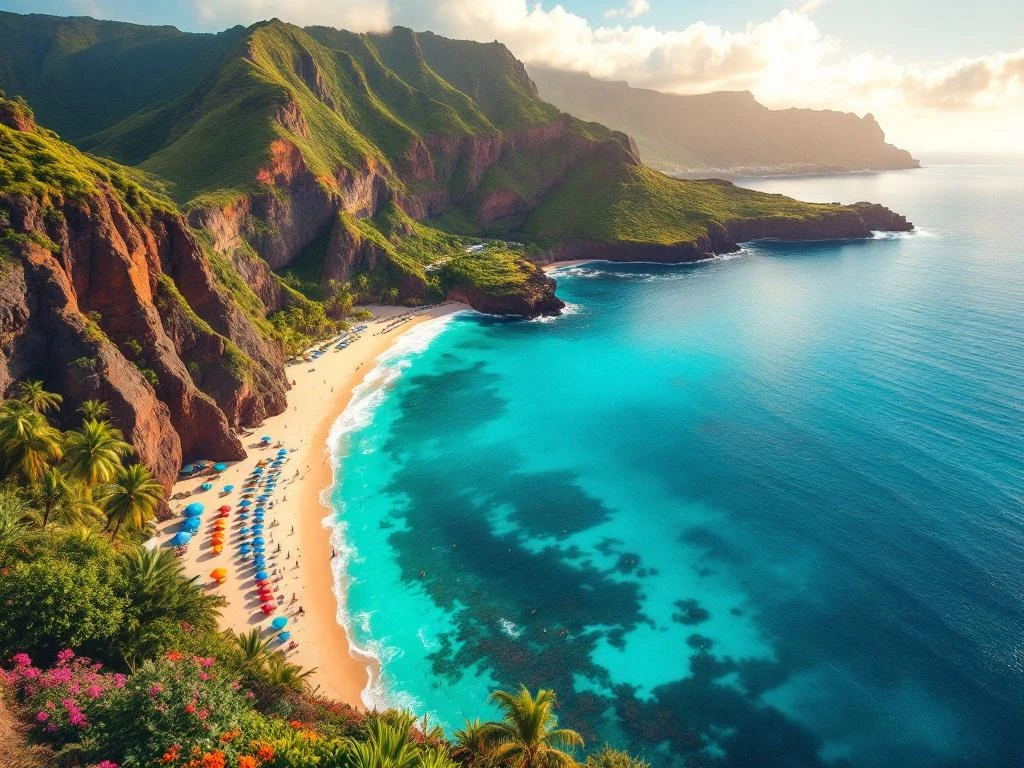 Luchtfoto van Madeira's dramatische kustlijn met smaragdgroene bergen, turkooizen zee en familie-vriendelijk strand