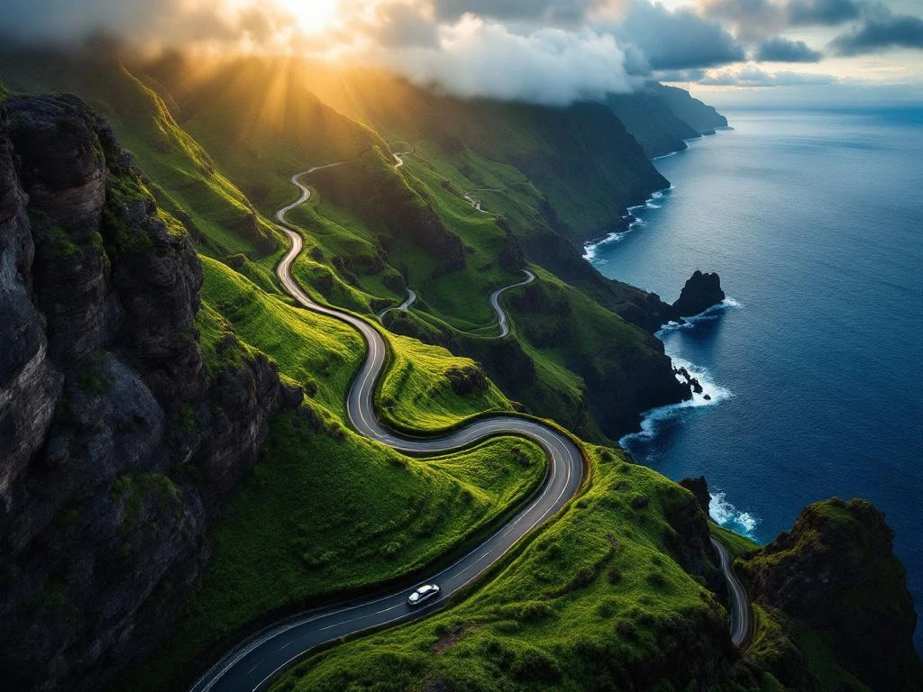 Luchtfoto van kronkelende kustweg op Madeira met huurauto, groene terrassen en dramatische kliffen bij Atlantische Oceaan