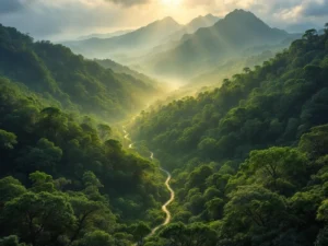 Luchtfoto van Madeira's Laurisilva woud met mistige berghellingen en UNESCO werelderfgoed natuur in Portugal