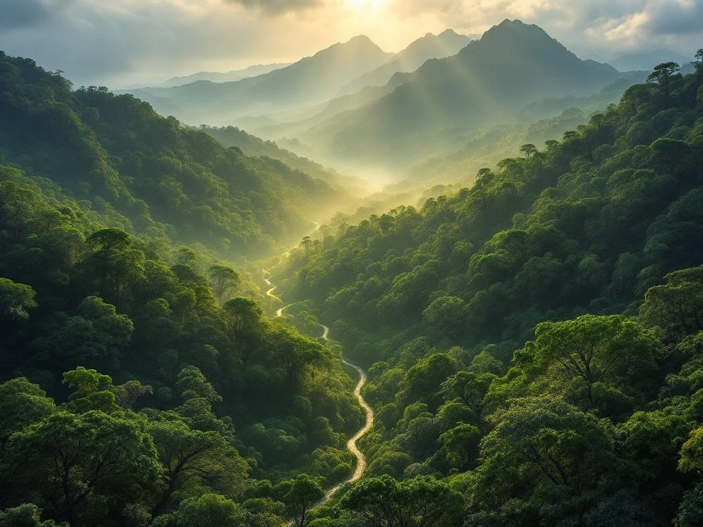 Luchtfoto van Madeira's Laurisilva woud met mistige berghellingen en UNESCO werelderfgoed natuur in Portugal