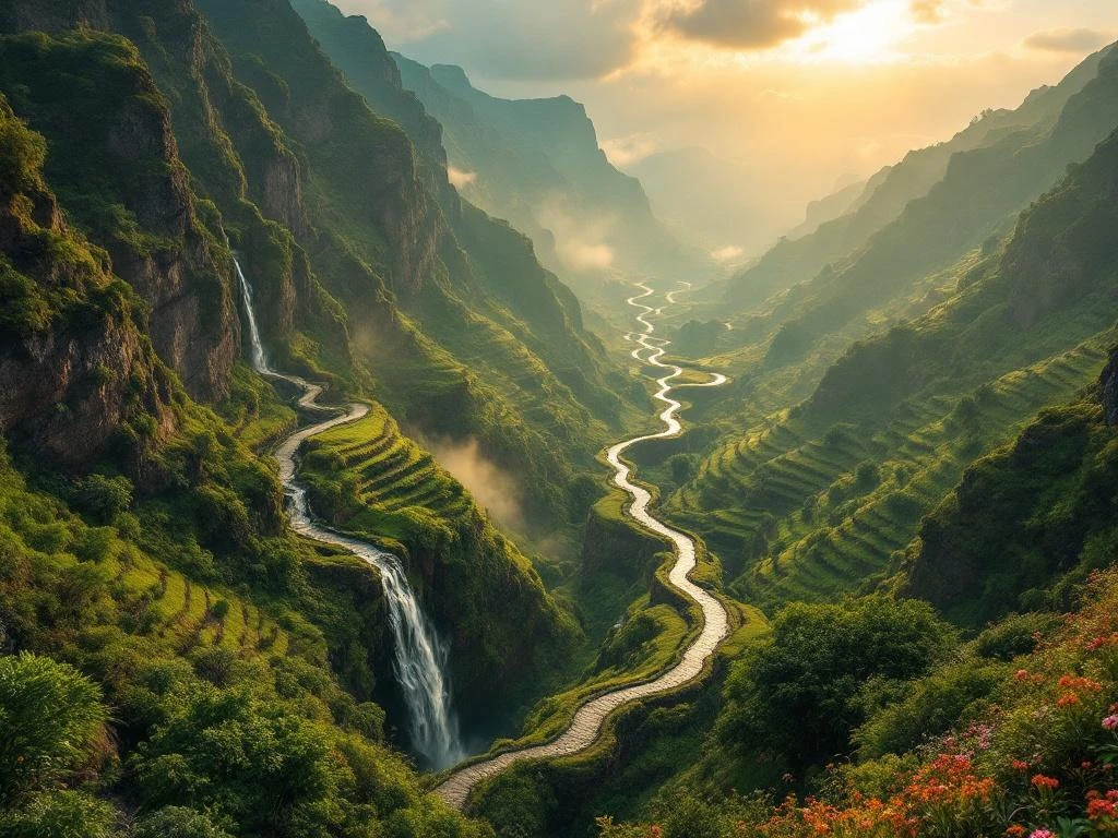 Luchtfoto van Madeira's historische levadas met stenen waterkanalen door groene bergterrassen en laurierbossen