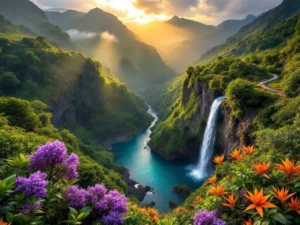 Luchtfoto van Madeira's groene levada-paden door laurierbossen met watervallen, jacaranda bloemen en mistige bergen